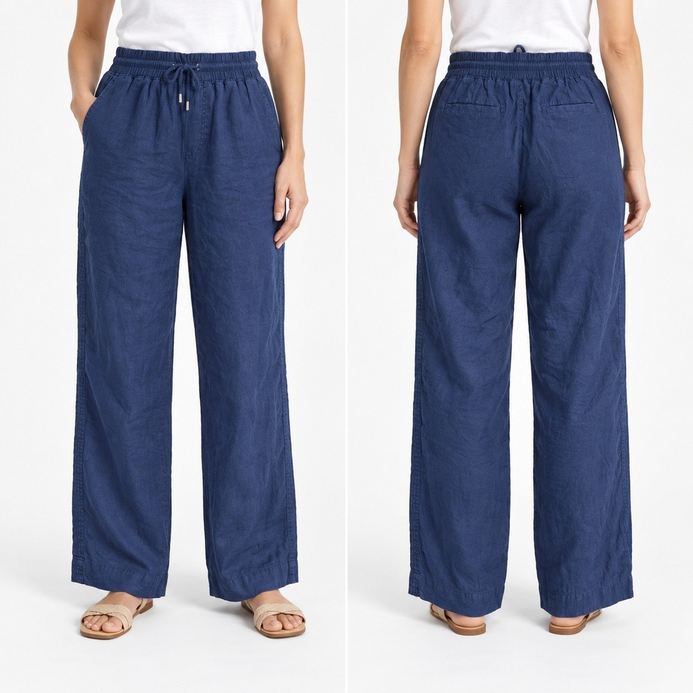 Quince Pants Womens Medium Navy Blue 100% Linen Wide Leg Elastic Waist Relaxed